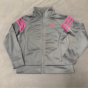 Adidas Girls Gray Zipper Track Jacket with Neon Pink Stripes, Size 7-8